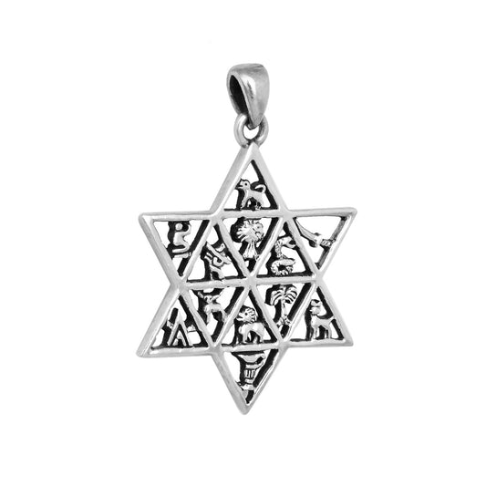 Pendant Star of David 12 tribes of Israel Sterling Silver Necklace HandMade 1.3"