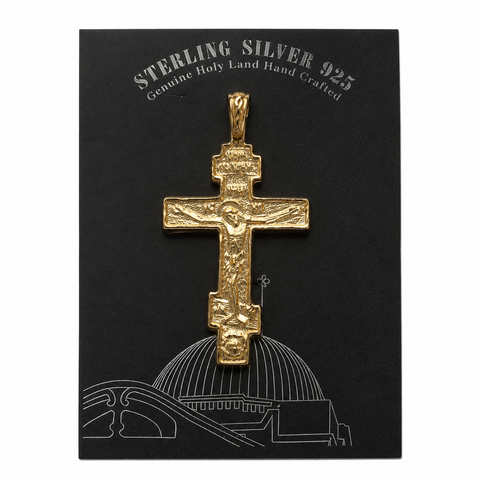 18K gold plated 925 sterling silver crucifix pendant displayed on a black Sterling Silver 925 certificate card with Holy Land design.