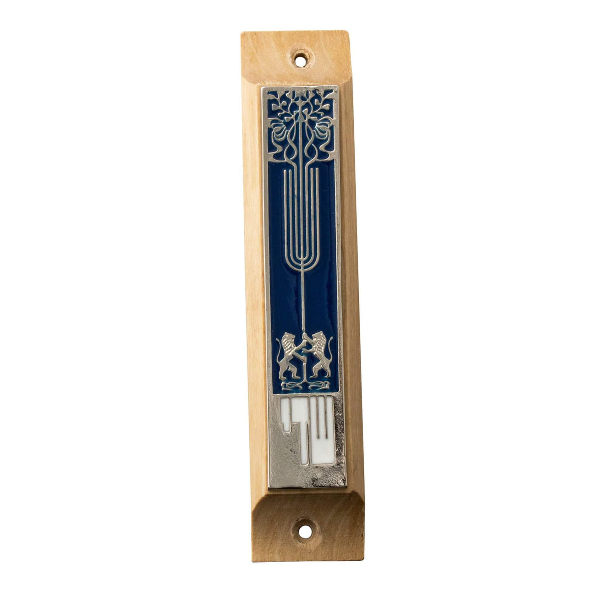 Door Mezuzah Olive Wood Enamel w/Two Lions & Menorah Non-Kosher Scroll Torah from Jerusalem Shema Israel 3,8"