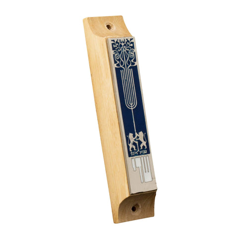 Door Mezuzah Olive Wood Enamel w/Two Lions & Menorah Non-Kosher Scroll Torah from Jerusalem Shema Israel 3,8"