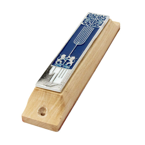 Door Mezuzah Olive Wood Enamel w/Two Lions & Menorah Non-Kosher Scroll Torah from Jerusalem Shema Israel 3,8"