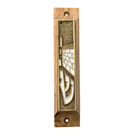 Mezuzah Case Olive Wood Enamel Gold Western Wall Ha-Kotel Non-Kosher Scroll Torah from Jerusalem Shema Israel 3,8"