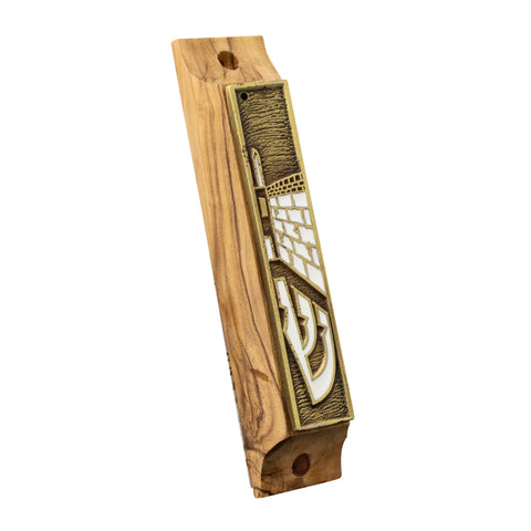 Mezuzah Case Olive Wood Enamel Gold Western Wall Ha-Kotel Non-Kosher Scroll Torah from Jerusalem Shema Israel 3,8"