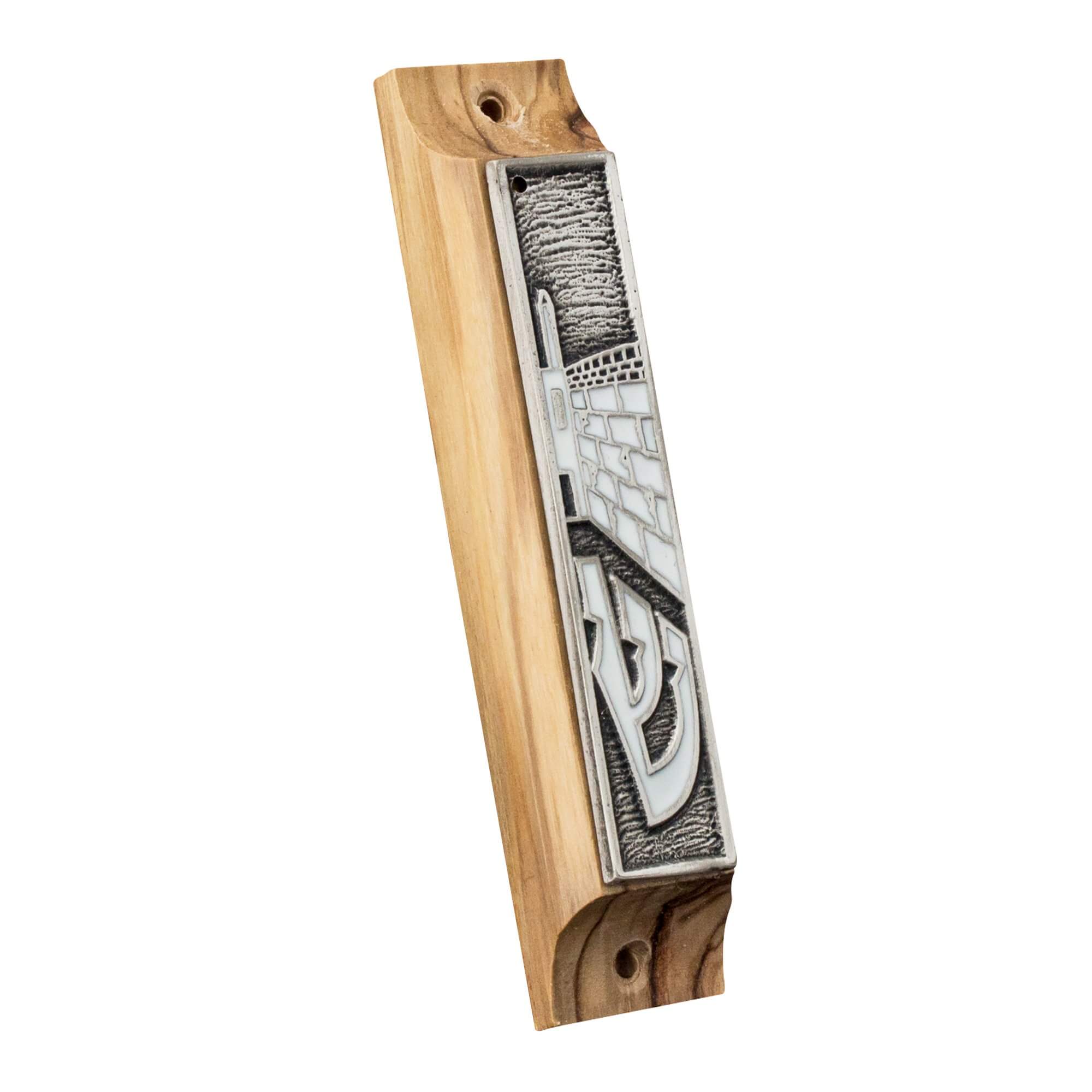 Door Mezuzah Case Olive Wood Enamel Silver Western Wall Ha-Kotel Non-Kosher Scroll Torah from Jerusalem Shema Israel 3,8"