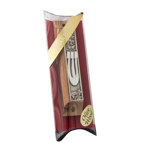 Olive Wood Enamel Mezuzah Case w/Pomegranate & SHIN Non-Kosher Scroll Shema Israel 3,8"