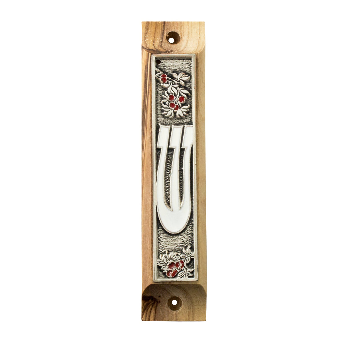 Olive Wood Enamel Mezuzah Case w/Pomegranate & SHIN Non-Kosher Scroll Shema Israel 3,8"