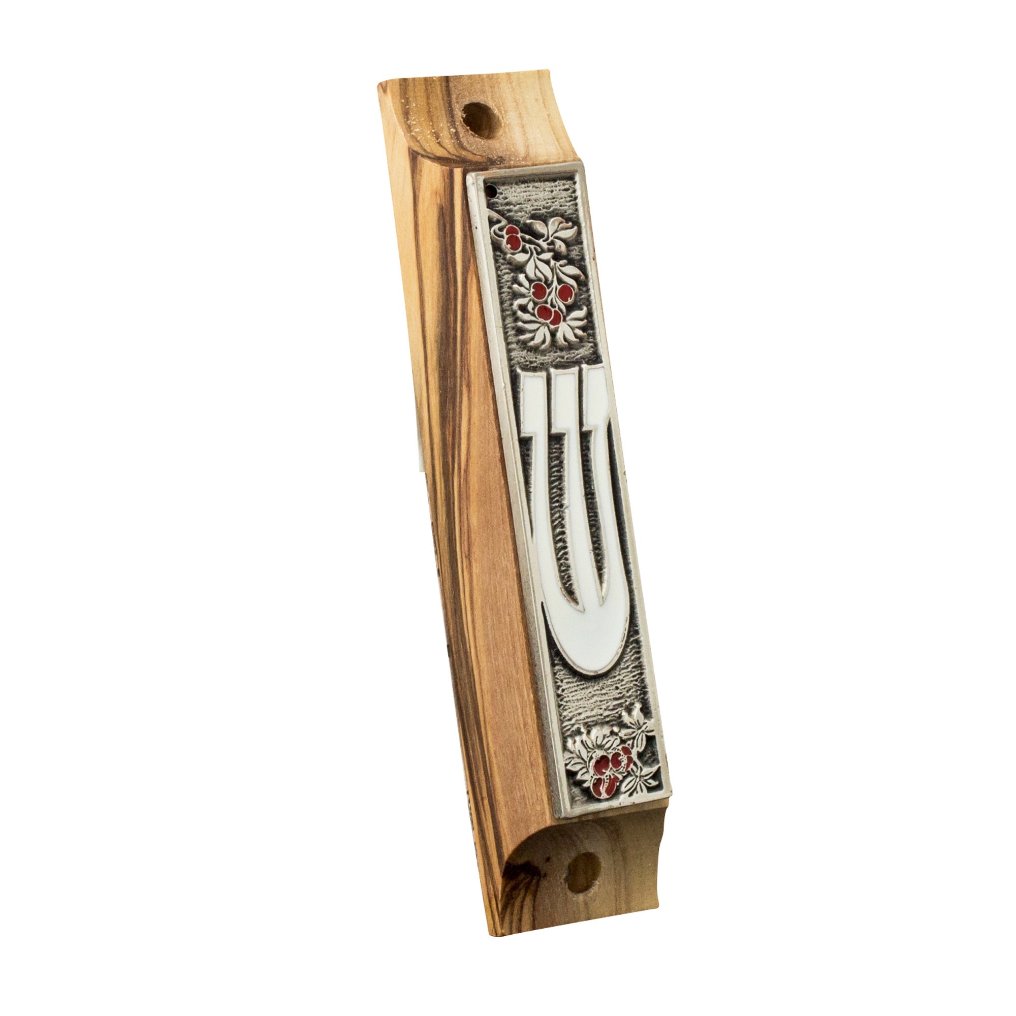 Olive Wood Enamel Mezuzah Case w/Pomegranate & SHIN Non-Kosher Scroll Shema Israel 3,8"