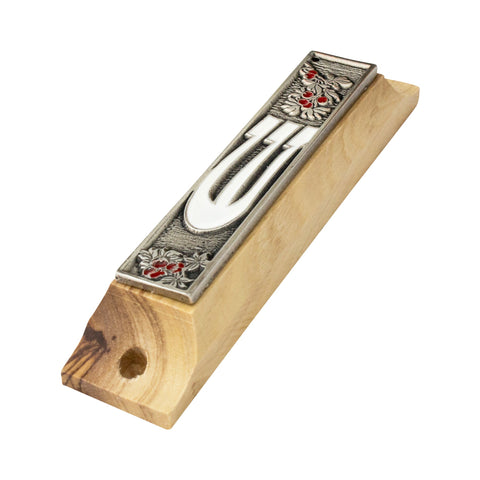 Olive Wood Enamel Mezuzah Case w/Pomegranate & SHIN Non-Kosher Scroll Shema Israel 3,8"