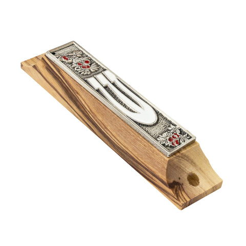 Olive Wood Enamel Mezuzah Case w/Pomegranate & SHIN Non-Kosher Scroll Shema Israel 3,8"