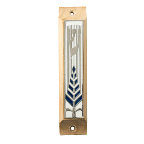 Enamel Mezuzah Case Olive Wood w/Olive Brunch Non-Kosher Scroll Shema Israel 3,8"