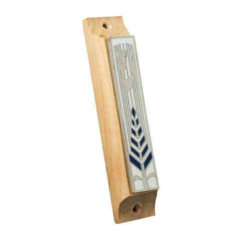 Enamel Mezuzah Case Olive Wood w/Olive Brunch Non-Kosher Scroll Shema Israel 3,8"