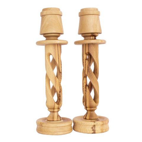 Two Bethlehem Candle Holder Hand Made Olive Wood Holy Land Souvenir 8,6"