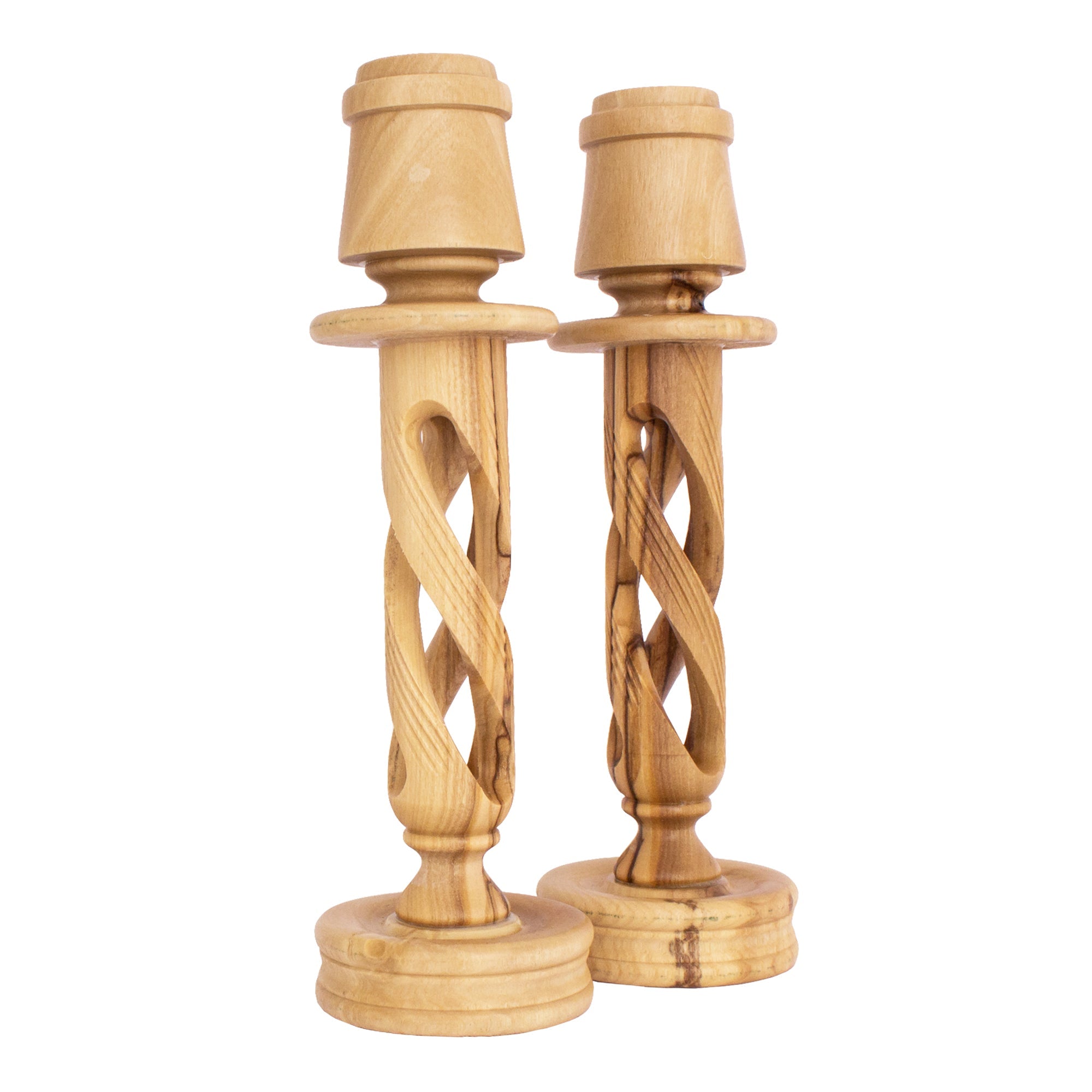 Two Bethlehem Candle Holder Hand Made Olive Wood Holy Land Souvenir 8,6"