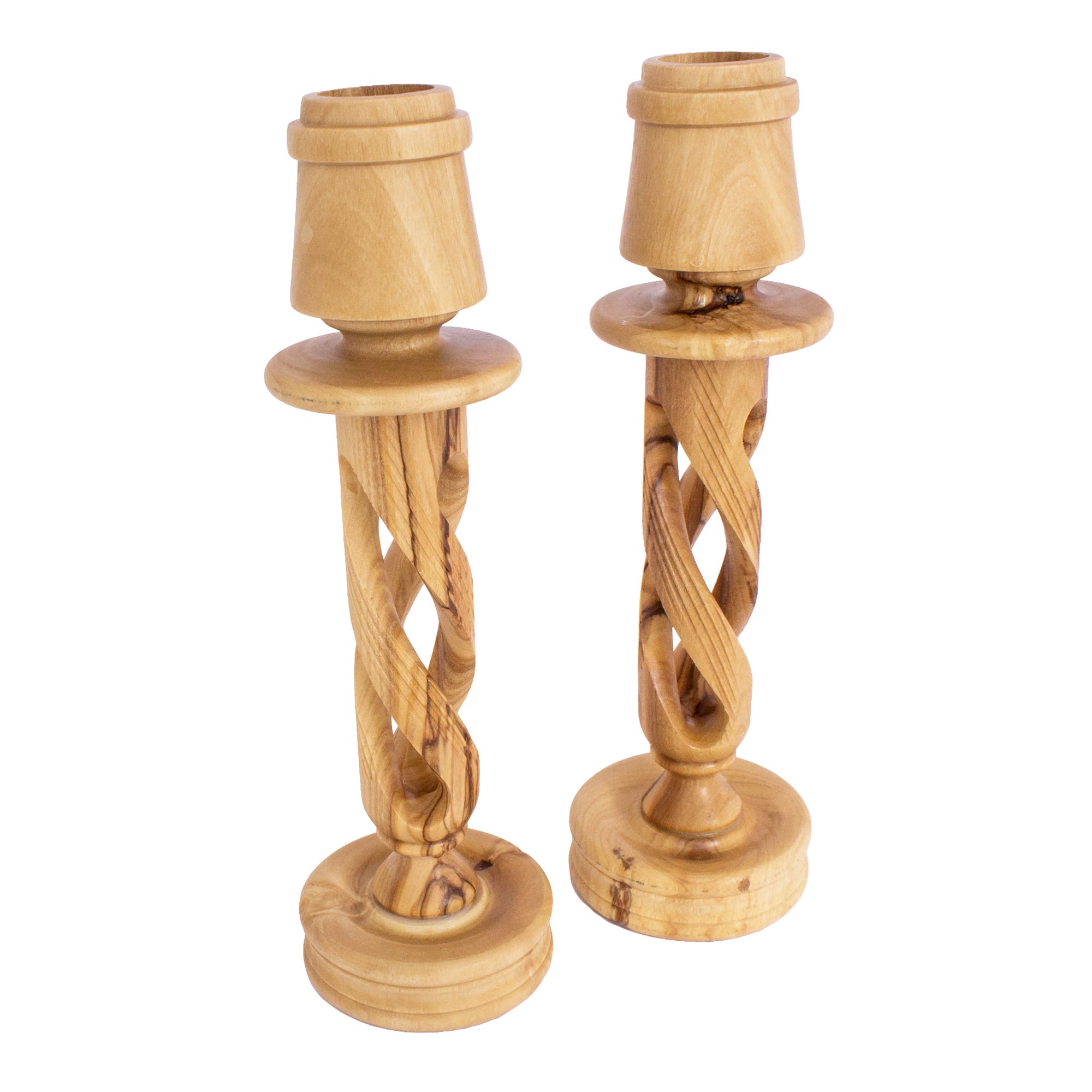 Two Bethlehem Candle Holder Hand Made Olive Wood Holy Land Souvenir 8,6"