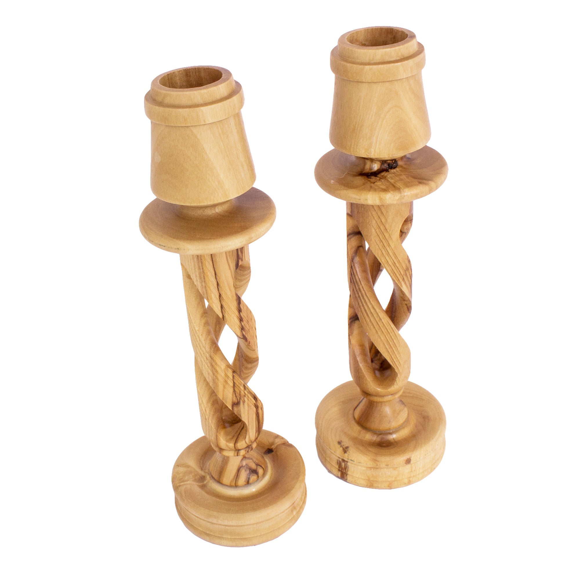 Two Bethlehem Candle Holder Hand Made Olive Wood Holy Land Souvenir 8,6"