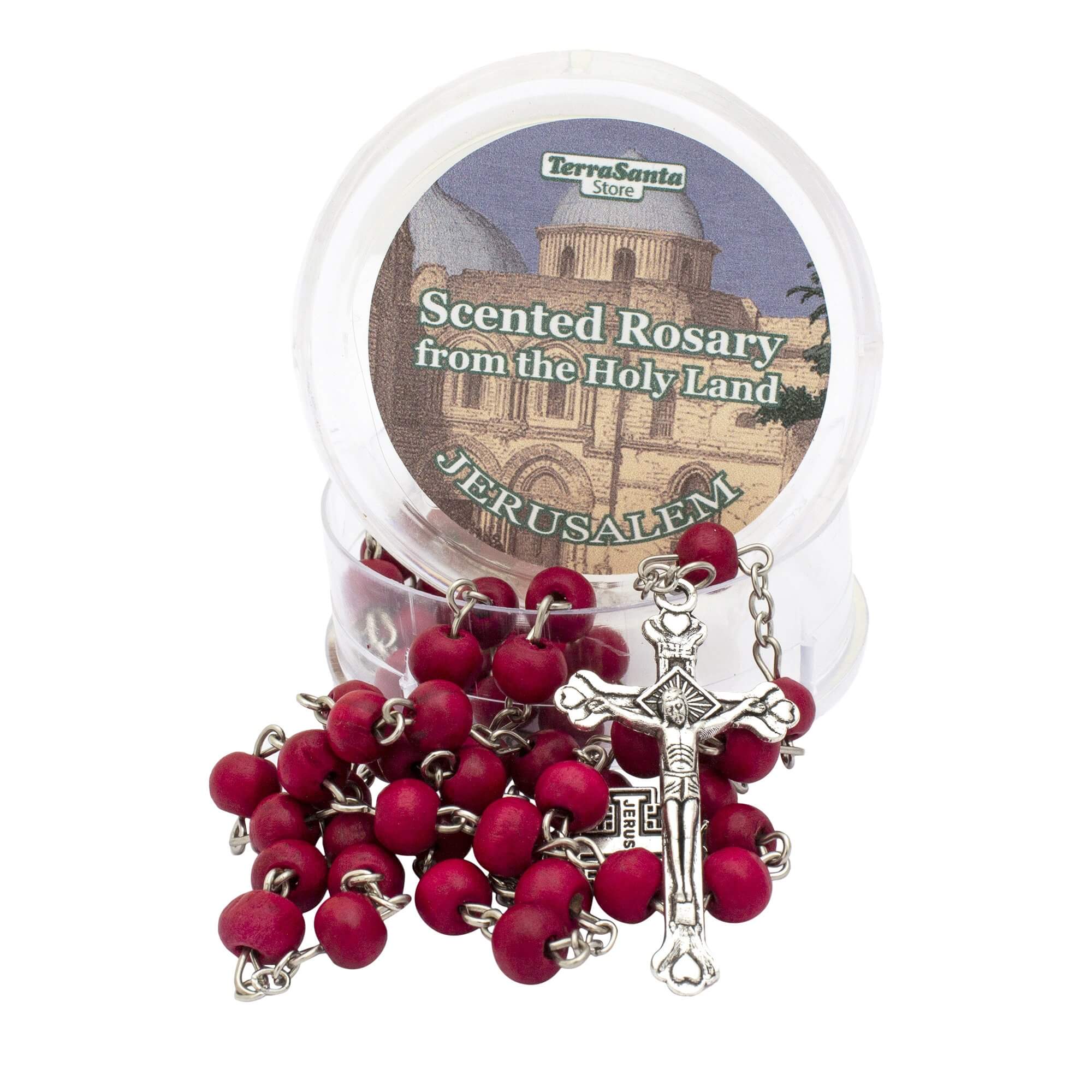 Aroma Wooden Red Rosary w/Jerusalem Cross Crucifix in Box from Holy Land Gift 18,5"