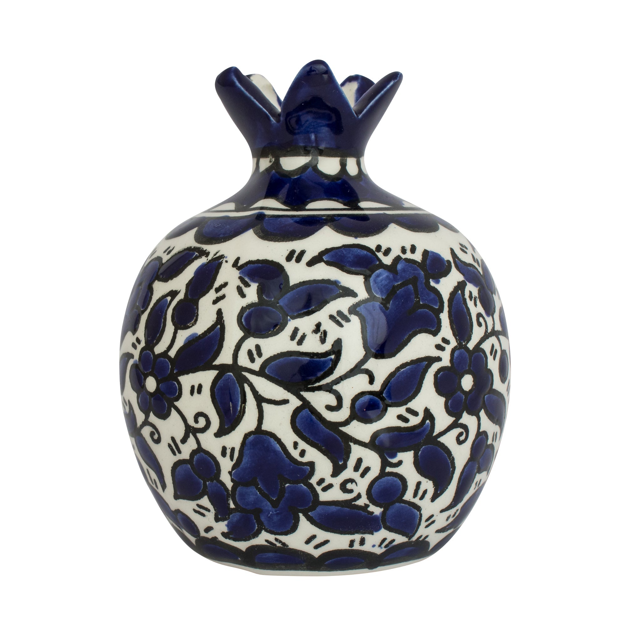 Vase Ceramic Decorative Pomegranate Figurine Handmade Blue Floral Design Jerusalem 3,5"