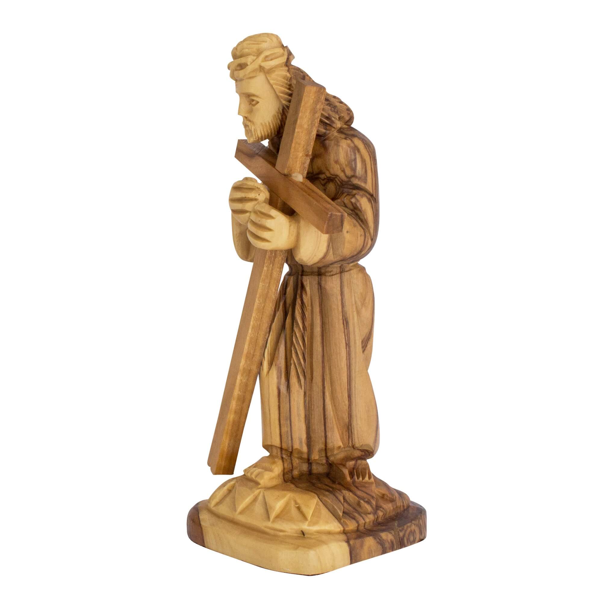 Carved Figurine of Jesus Christ Carrying a Cross Olive Wood Via Dolorosa 6"