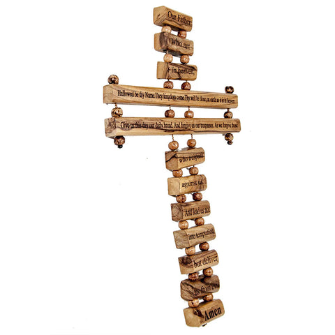 Olive Wood Cross Wall Hanging – “Our Father” Lord’s Prayer from Holy Land 9"/24cm