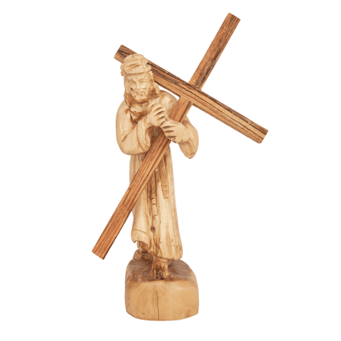 Jesus with His Cross Religious Figurine Handmade Olive Wood from Bethlehem 6,7" - Holy Land Store