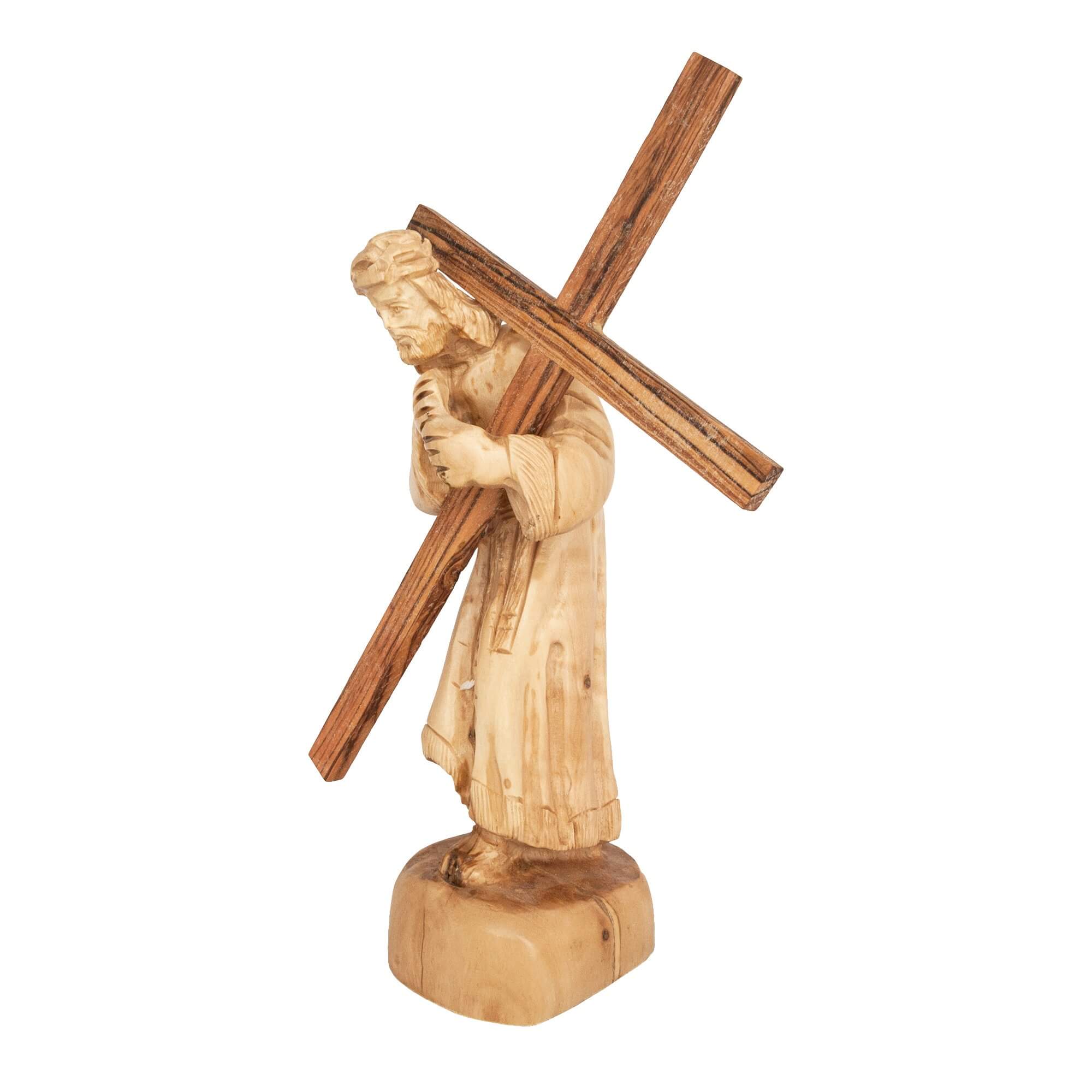 Jesus with His Cross Religious Figurine Handmade Olive Wood from Bethlehem 6,7" - Holy Land Store