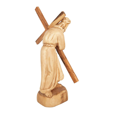 Jesus with His Cross Religious Figurine Handmade Olive Wood from Bethlehem 6,7" - Holy Land Store