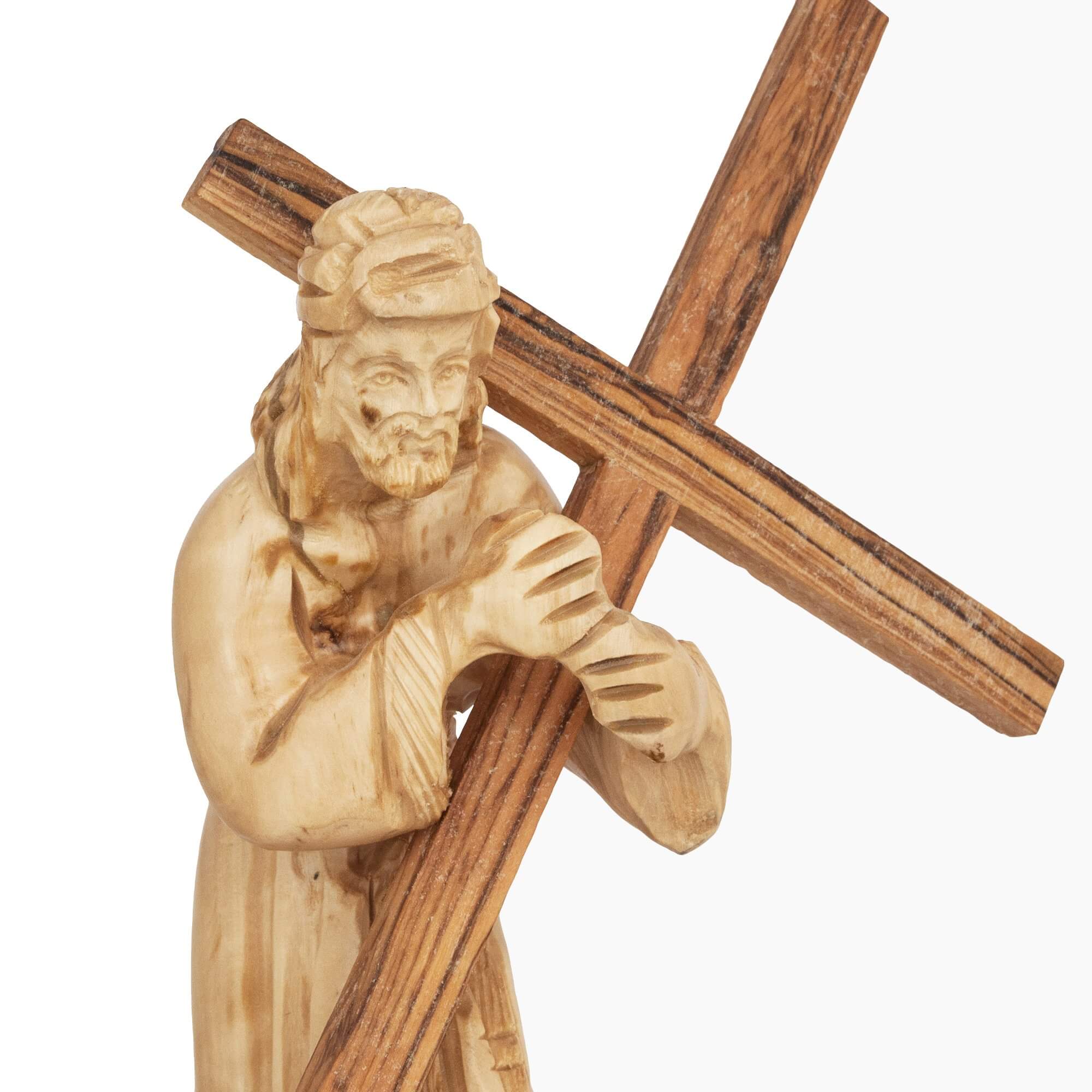 Jesus with His Cross Religious Figurine Handmade Olive Wood from Bethlehem 6,7" - Holy Land Store