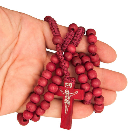 Catholic natural Wooden Prayer Beads Red Rosary with Crucifix from Jerusalem 20"