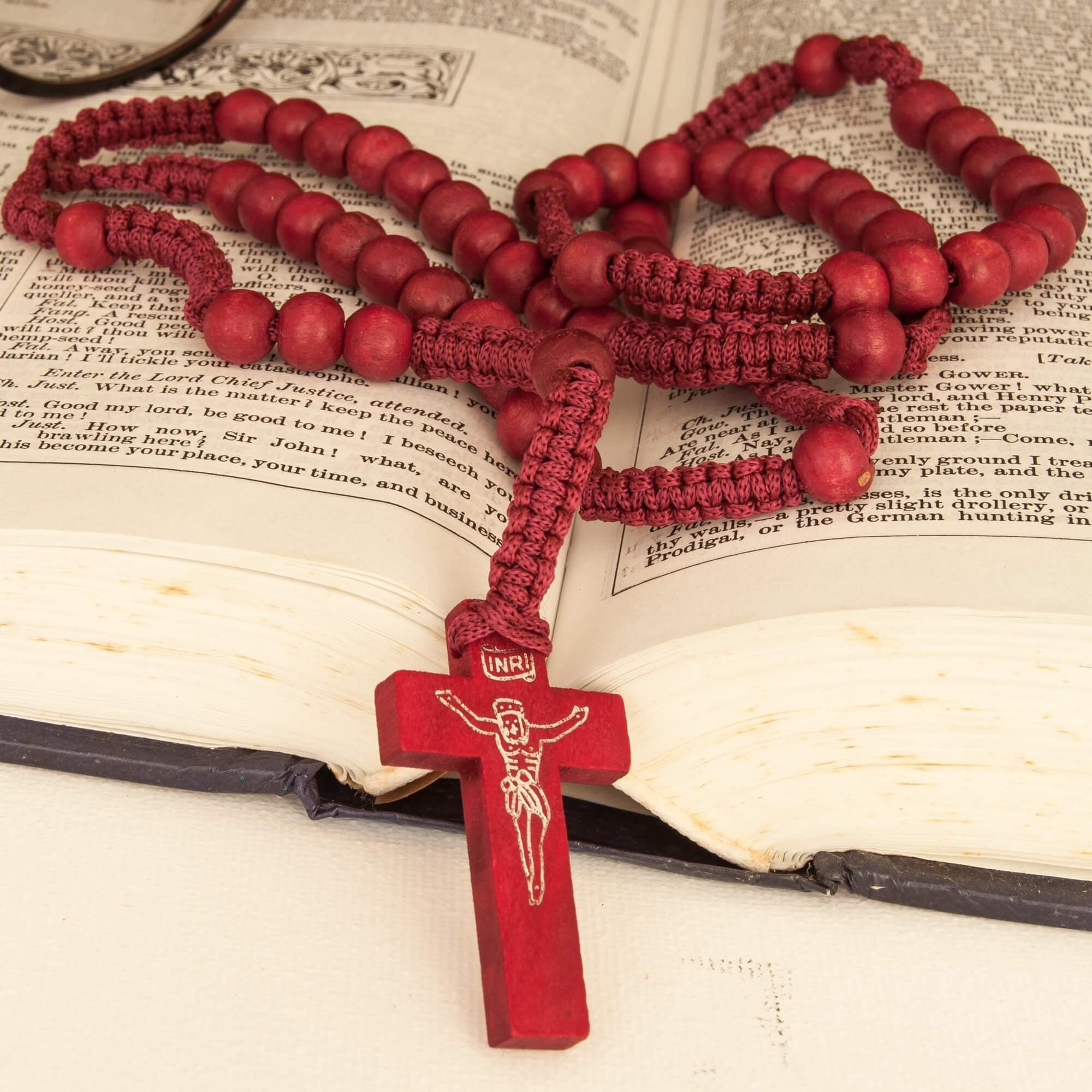 Catholic natural Wooden Prayer Beads Red Rosary with Crucifix from Jerusalem 20"