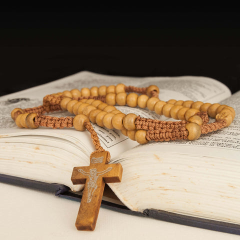 Catholic natural Wooden Prayer Beads Beige Rosary with Crucifix from Jerusalem 20"