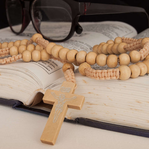 Catholic natural Wooden Prayer Beads Light beige Rosary with Crucifix from Jerusalem 20"