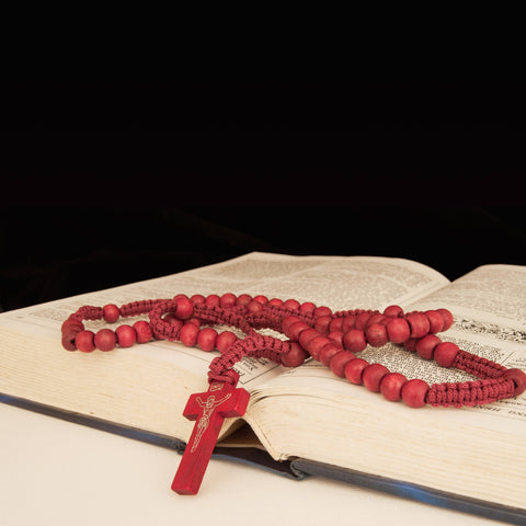 Catholic natural Wooden Prayer Beads Red Rosary with Crucifix from Jerusalem 20"