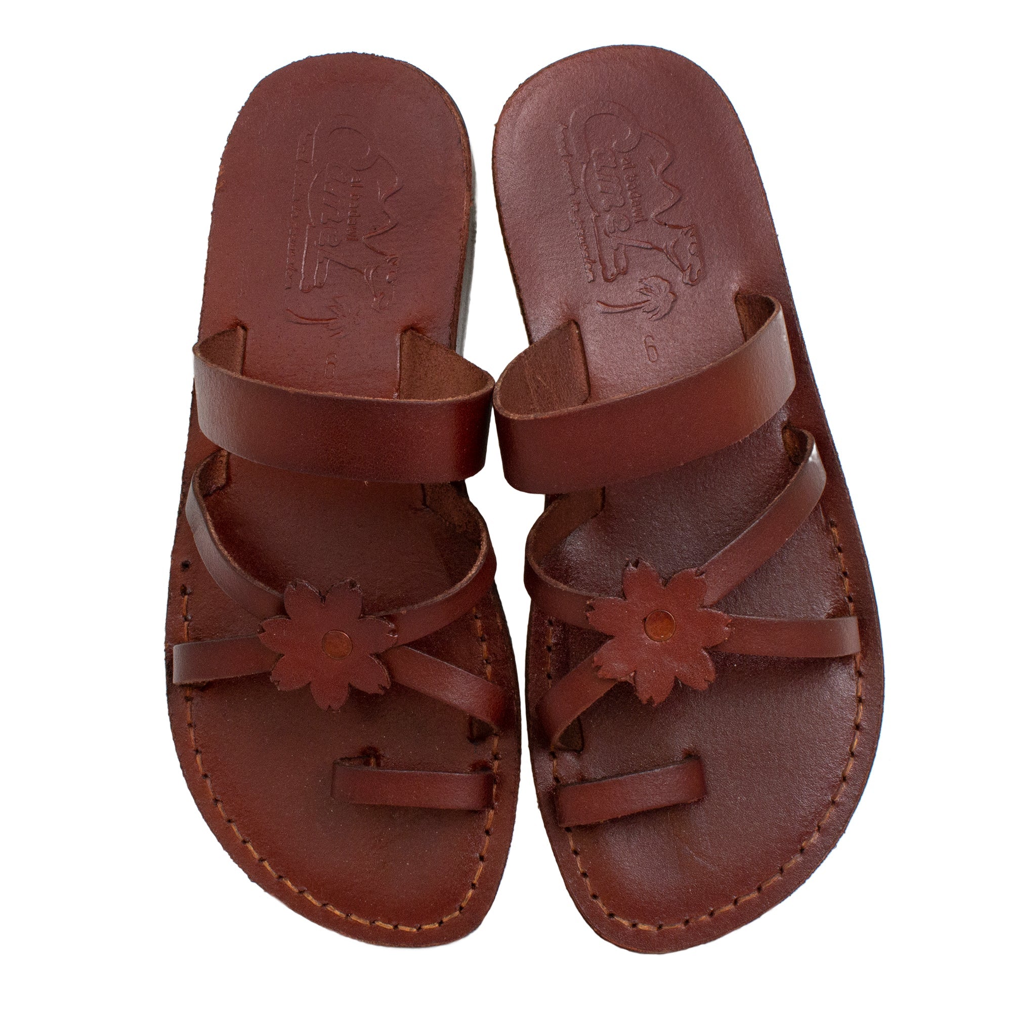 Women's Sandals Natural Genuine Leather Camel Strap w/Flower, Jerusalem