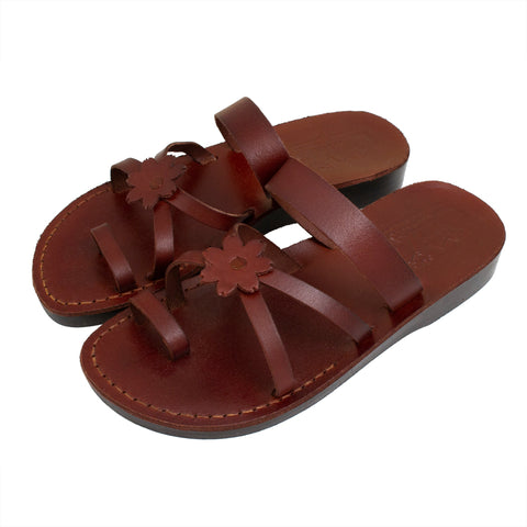 Women's Sandals Natural Genuine Leather Camel Strap w/Flower, Jerusalem