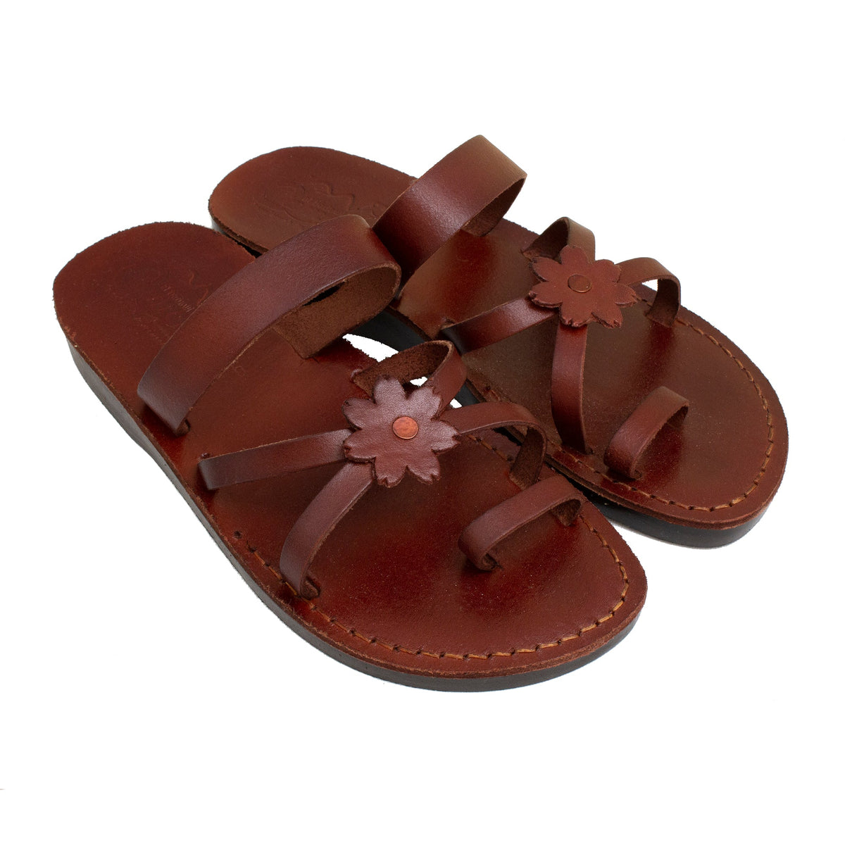 Women's Sandals Natural Genuine Leather Camel Strap w/Flower, Jerusalem