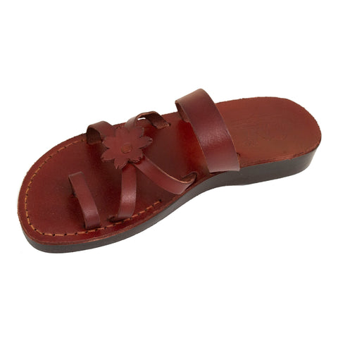 Women's Sandals Natural Genuine Leather Camel Strap w/Flower, Jerusalem