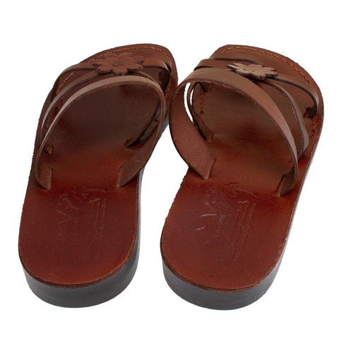 Women's Sandals Natural Genuine Leather Camel Strap w/Flower, Jerusalem