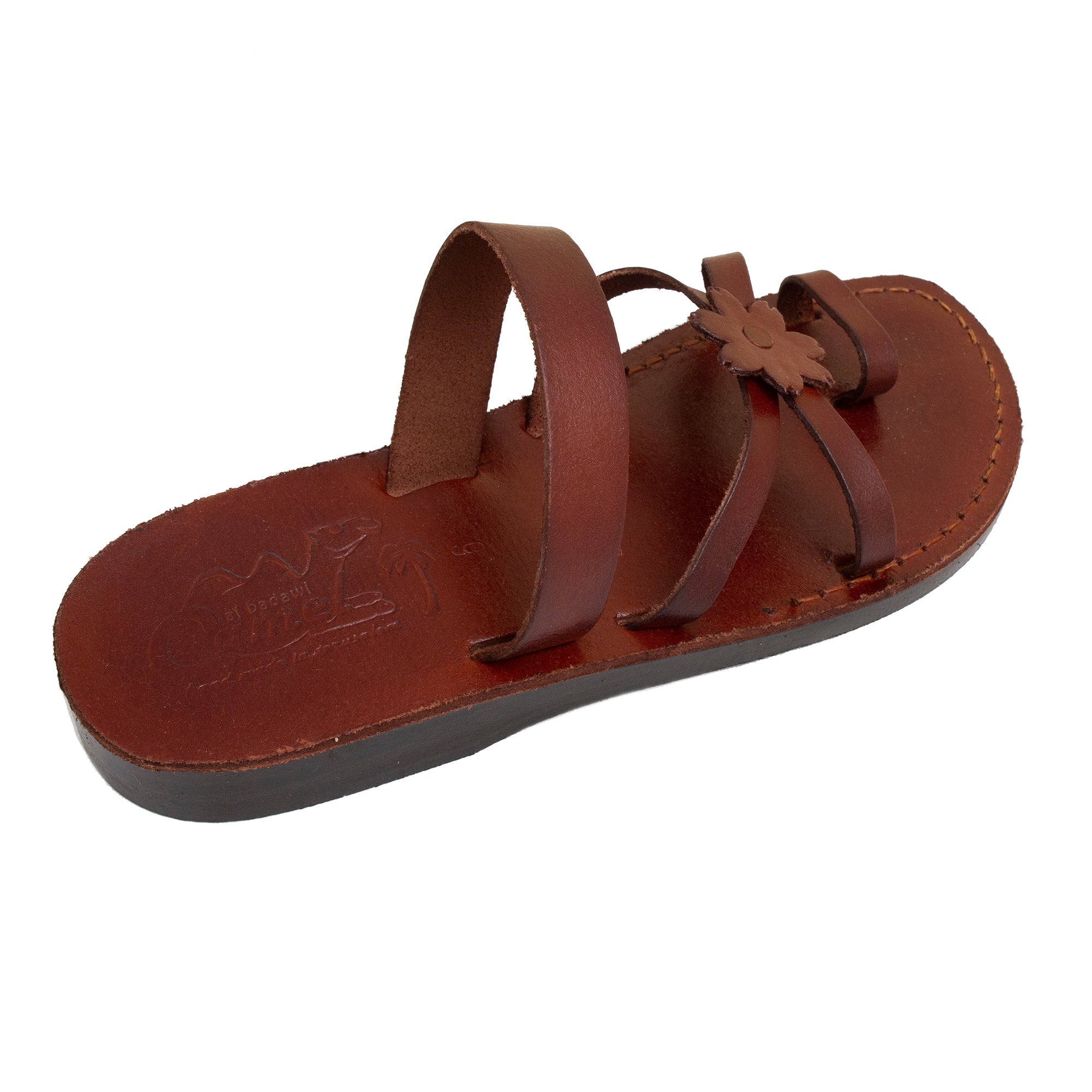 Women's Sandals Natural Genuine Leather Camel Strap w/Flower, Jerusalem