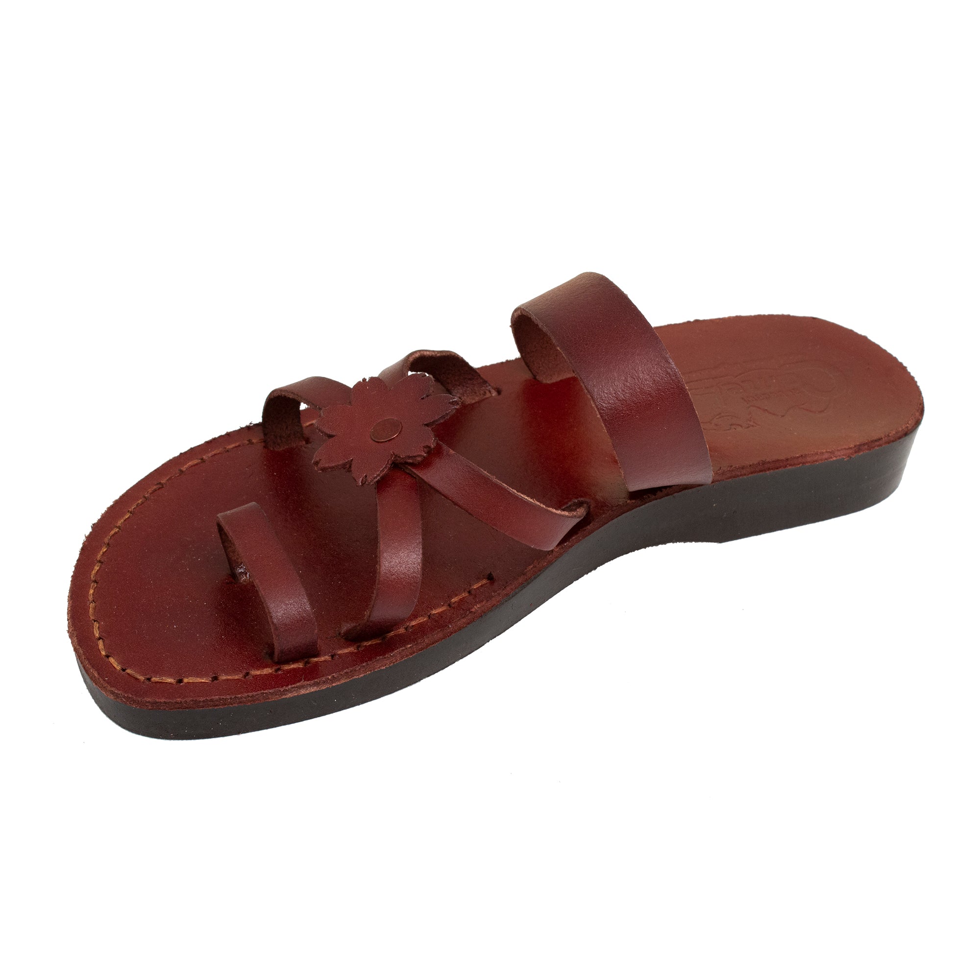 Women's Sandals Natural Genuine Leather Camel Strap w/Flower, Jerusalem