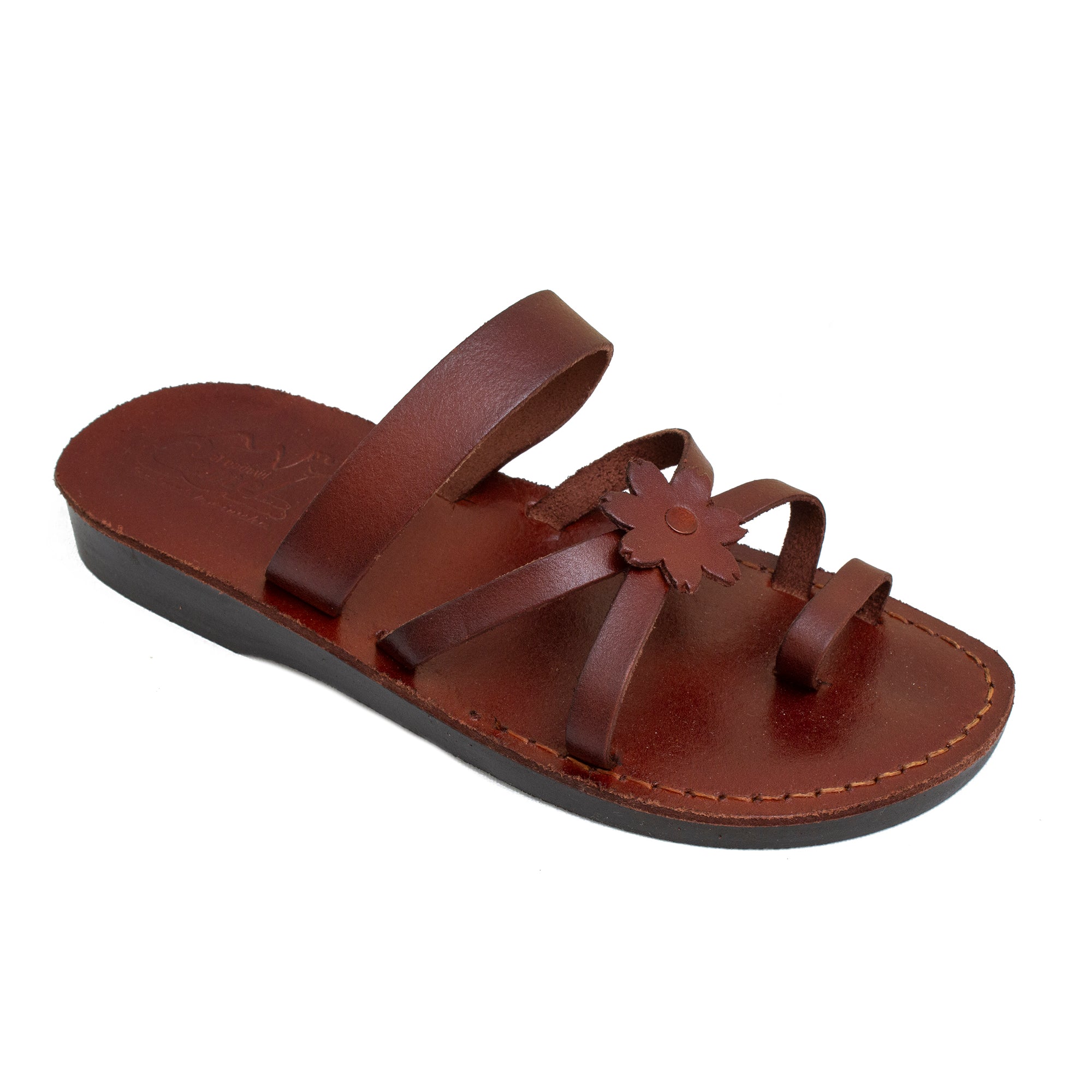 Women's Sandals Natural Genuine Leather Camel Strap w/Flower, Jerusalem