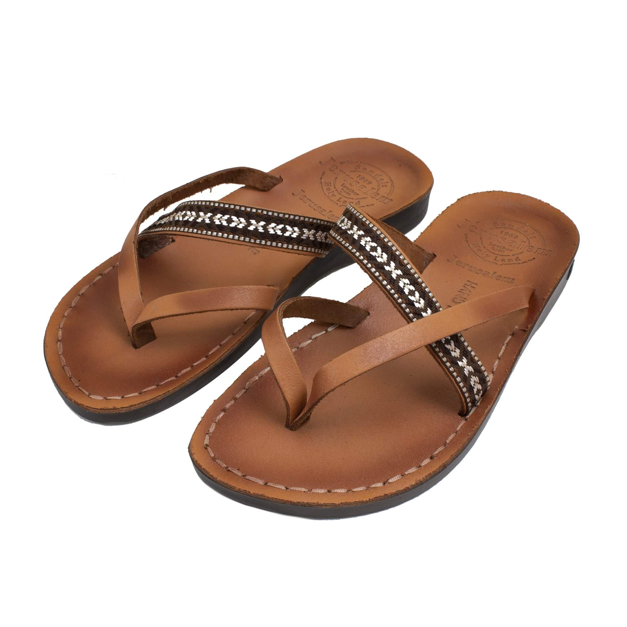 Jerusalem Women's Sandals Natural Genuine Leather Camel Strap w/ fabric braid