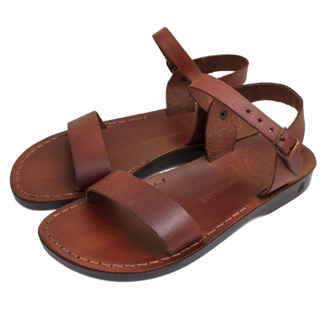 Jerusalem Men's Sandals Natural Genuine Camel Leather Strap Flat Three Stripes