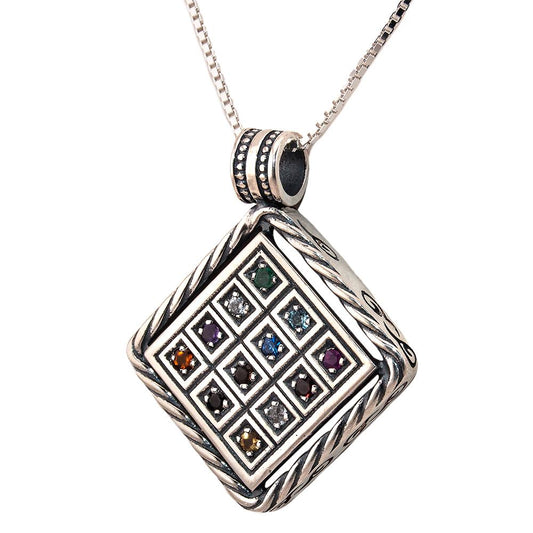 Silver 925 Pendant w/ Breastplate Stones Hoshen Jewish Gemstones Necklace Jerusalem Gift