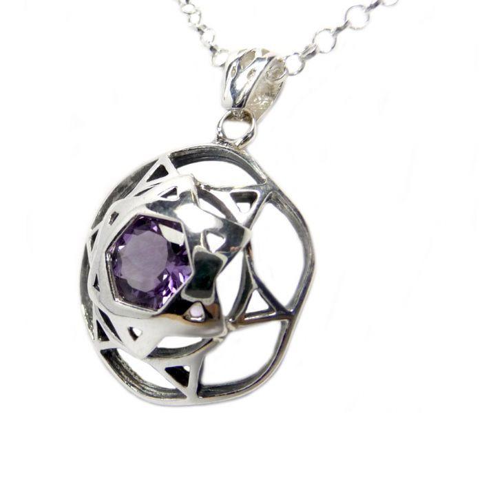 Silver 925 Kabbalah Pendant w/ Magen David & Amethyst Stone Talisman from Jerusalem