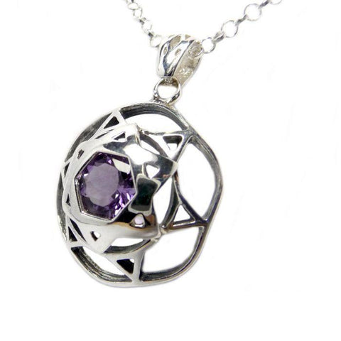 Silver 925 Kabbalah Pendant w/ Magen David & Amethyst Stone Talisman from Jerusalem