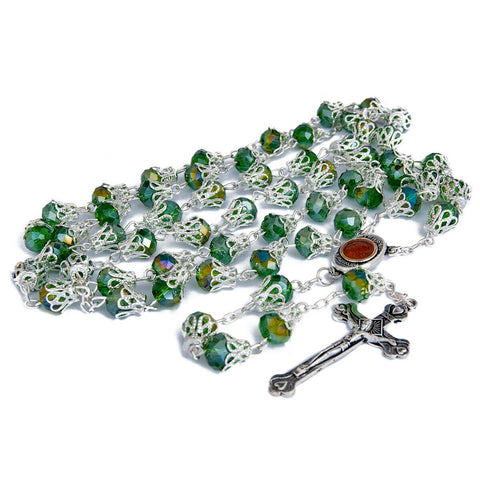 Rosary Beads Silver Rainbow Green Crystal w/Сrucifix & Holy Soil Jerusalem 23,5"