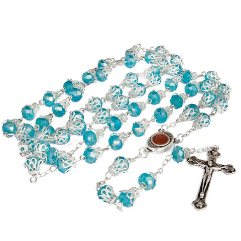 Rosary Beads Light Blue Crystal w/Сrucifix & Holy Soil Jerusalem 23,5"