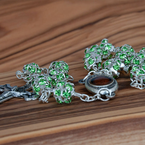Rosary Beads Prayer Green Crystal w/Сrucifix & Holy Soil from Jerusalem 22"