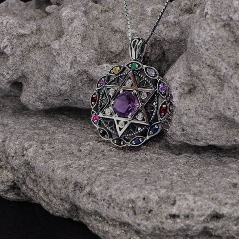 Kabbalah Pendant Amethyst Gemstone Hoshen 12 Tribes Crystals CZ Sterling Silver & Gold 9K