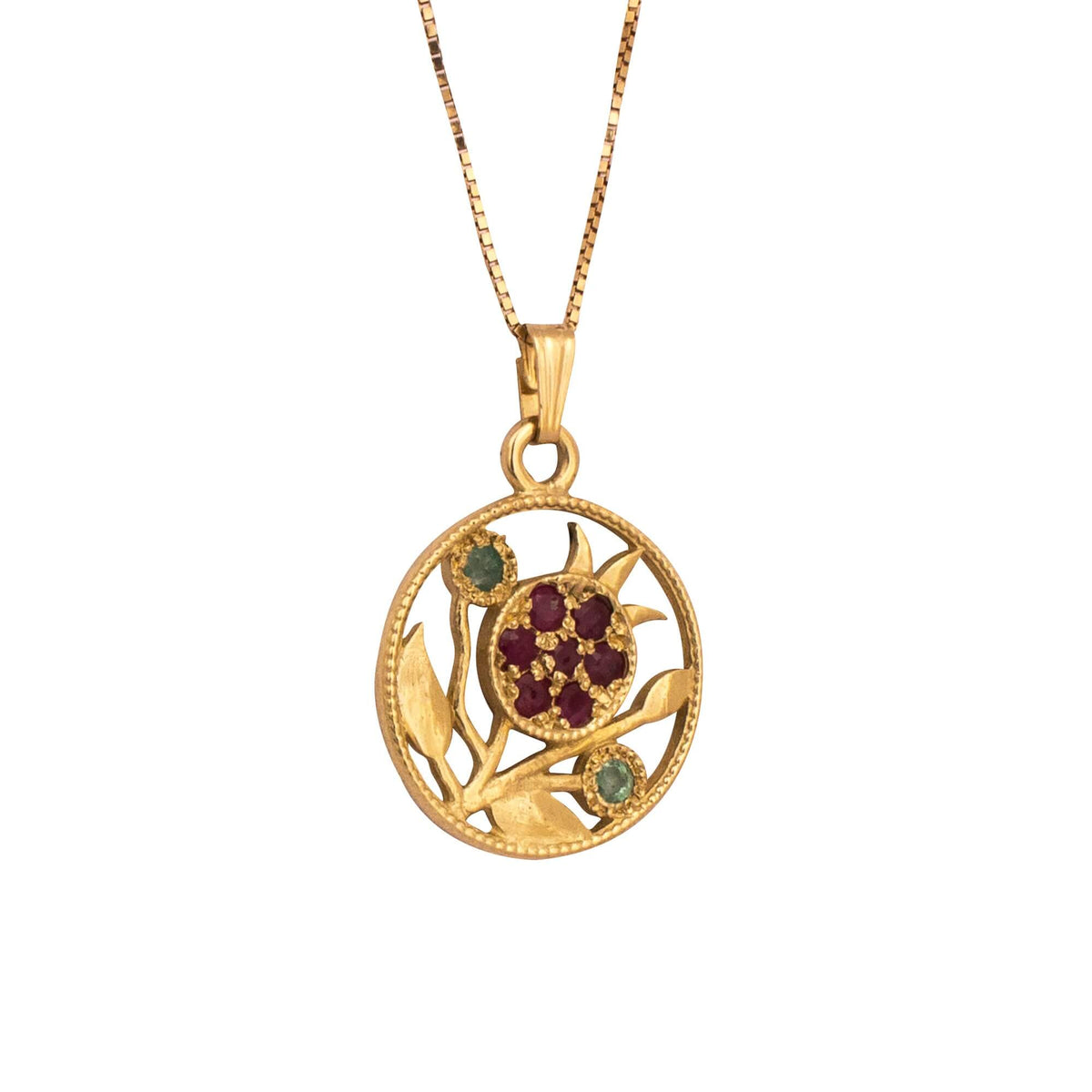 Israel Pendant Amulet Pomegranate with Natural Red Garnet Stones 14K Gold Jewelry from Holy Land